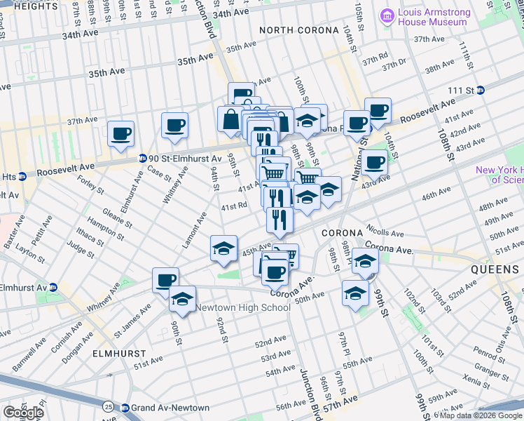 map of restaurants, bars, coffee shops, grocery stores, and more near 95-18 42nd Avenue in Queens