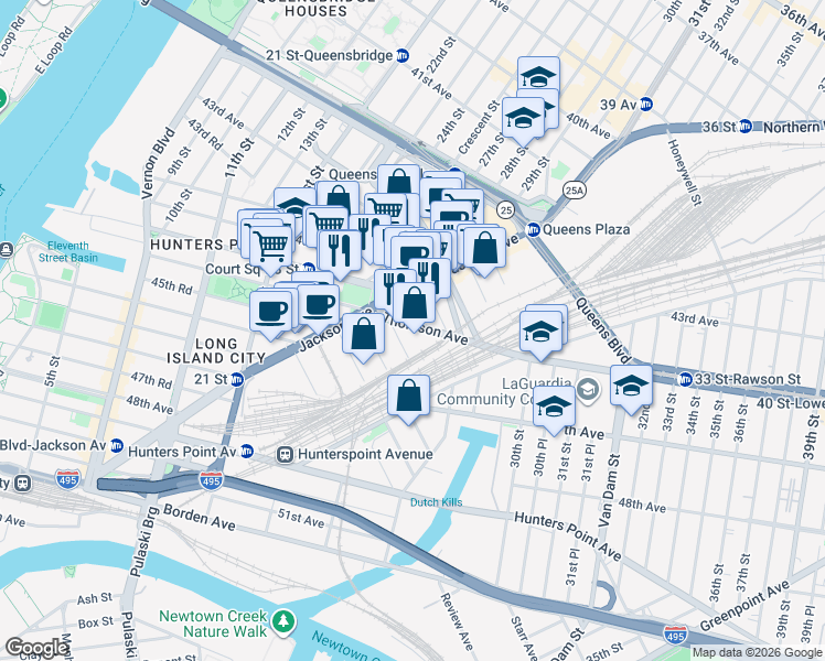 map of restaurants, bars, coffee shops, grocery stores, and more near 25-26 New York 25A in Queens