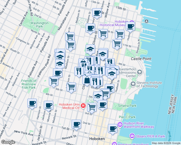 map of restaurants, bars, coffee shops, grocery stores, and more near 722 Willow Avenue in Hoboken