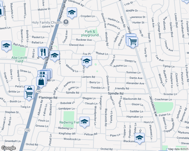 map of restaurants, bars, coffee shops, grocery stores, and more near 40 Lantern Road in Hicksville