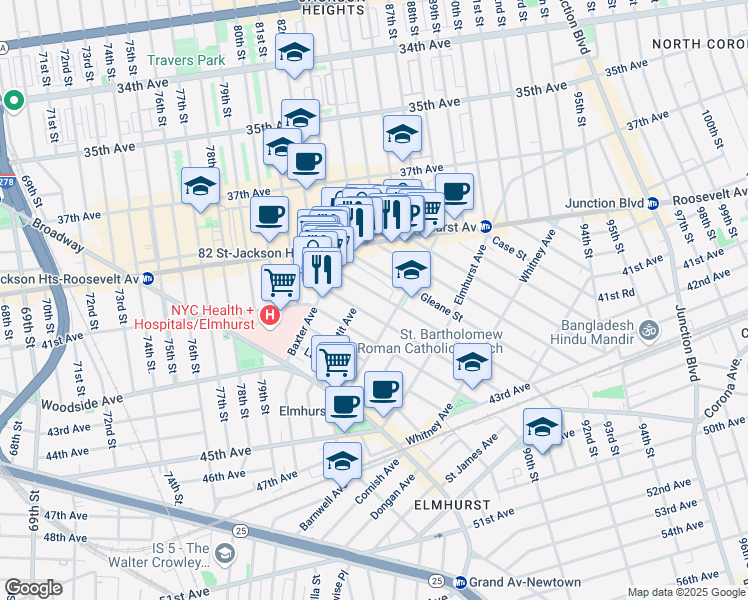 map of restaurants, bars, coffee shops, grocery stores, and more near 40-56 Hampton Street in Queens