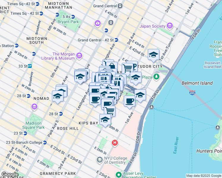 map of restaurants, bars, coffee shops, grocery stores, and more near 220 East 35th Street in New York