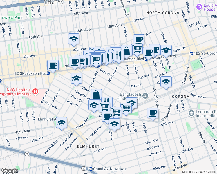 map of restaurants, bars, coffee shops, grocery stores, and more near 42-07 Elbertson Street in Queens