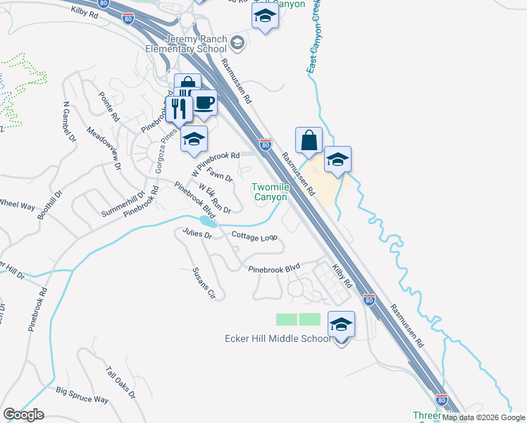 map of restaurants, bars, coffee shops, grocery stores, and more near 7943 Mustang Loop Rd in Park City