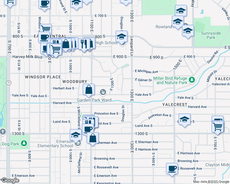 map of restaurants, bars, coffee shops, grocery stores, and more near 1211 Yale Avenue South in Salt Lake City