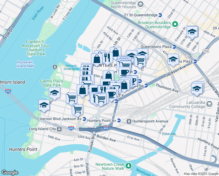 map of restaurants, bars, coffee shops, grocery stores, and more near 11-18 46th Avenue in Queens