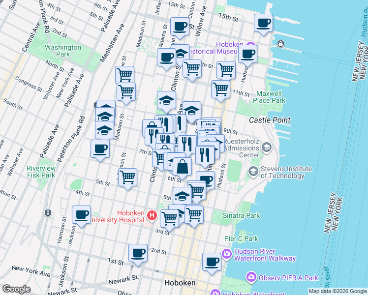 map of restaurants, bars, coffee shops, grocery stores, and more near 727 Park Avenue in Hoboken