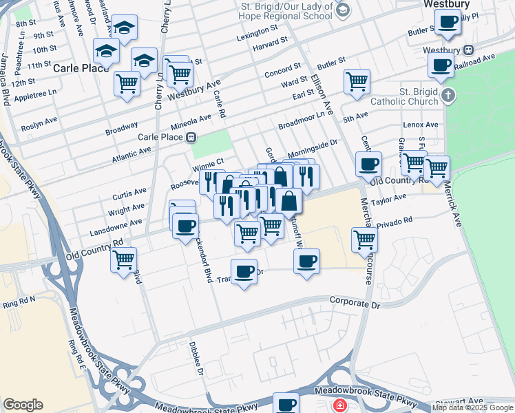 map of restaurants, bars, coffee shops, grocery stores, and more near 419 Old Country Road in Westbury