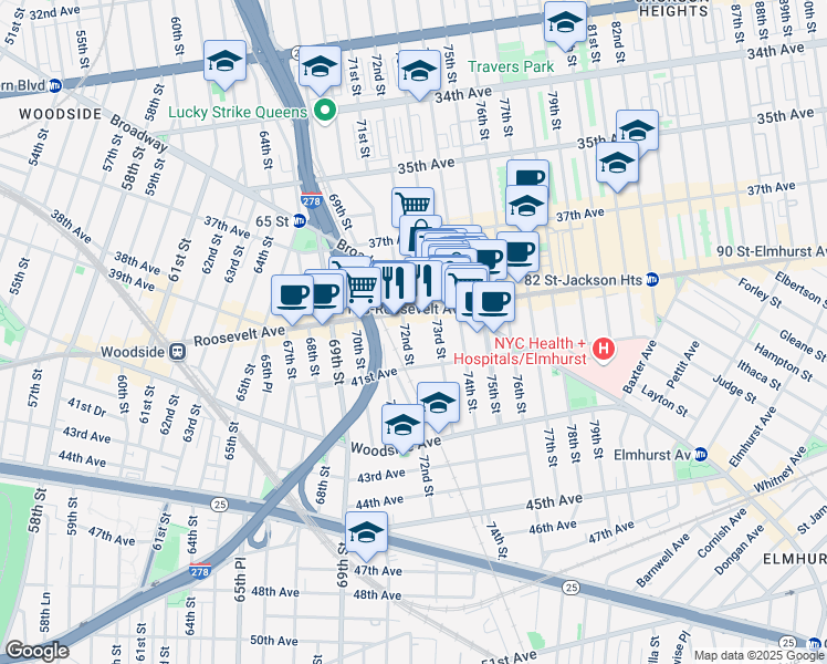 map of restaurants, bars, coffee shops, grocery stores, and more near 40-19 72nd Street in Queens