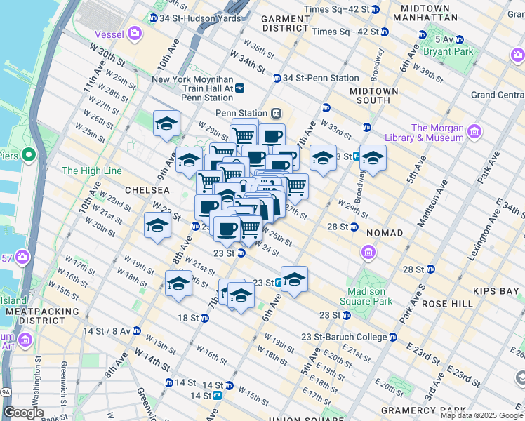 map of restaurants, bars, coffee shops, grocery stores, and more near 220w West 26th Street in New York