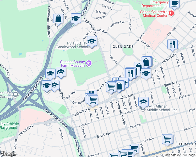map of restaurants, bars, coffee shops, grocery stores, and more near 250-25 Elkmont Avenue in Queens