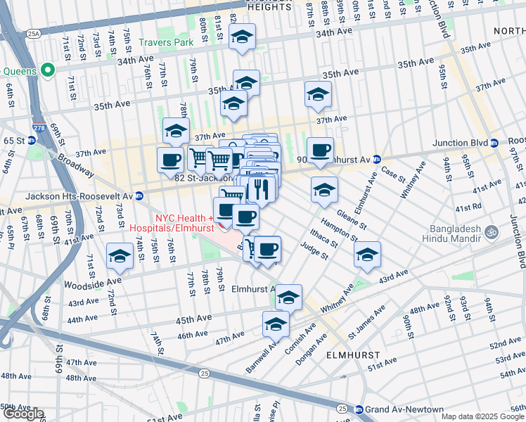 map of restaurants, bars, coffee shops, grocery stores, and more near 81-19 41st Avenue in Queens