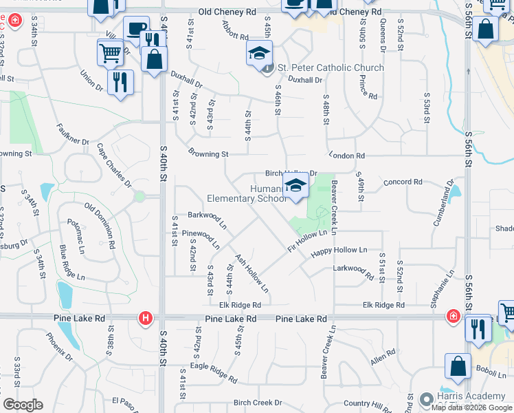 map of restaurants, bars, coffee shops, grocery stores, and more near 6609 Rockwood Lane in Lincoln