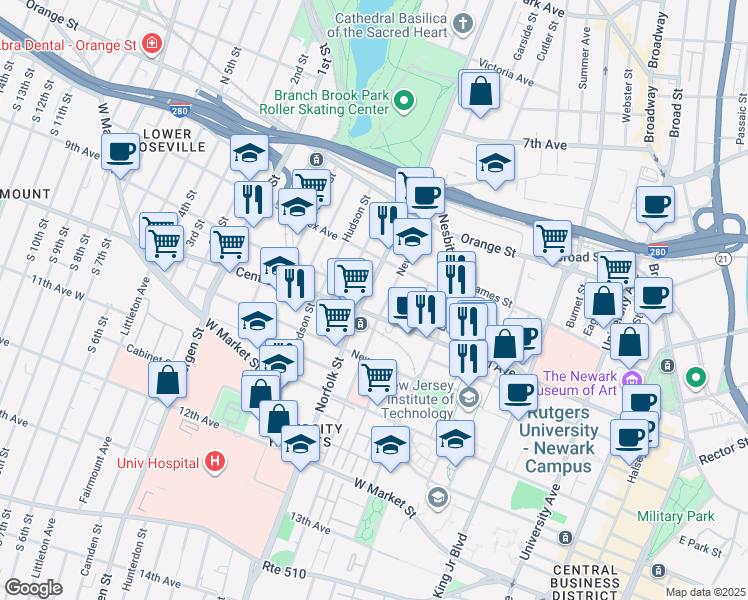map of restaurants, bars, coffee shops, grocery stores, and more near 88 Norfolk Street in Newark