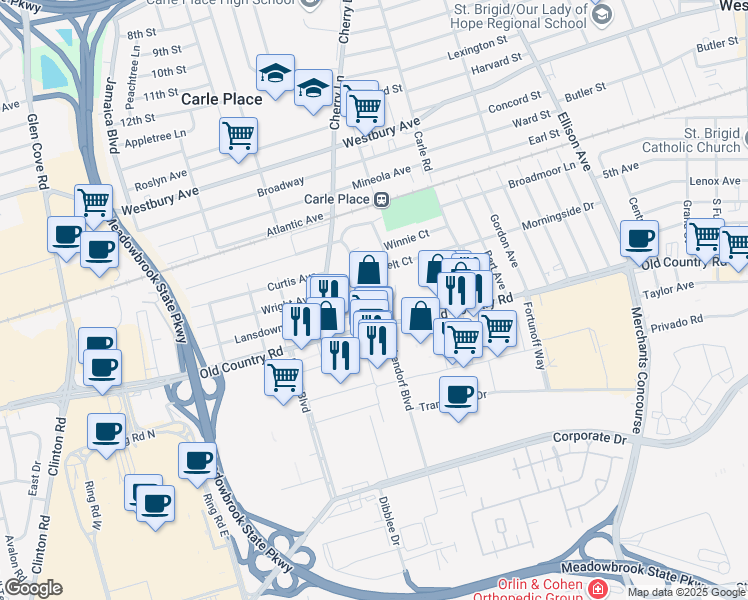 map of restaurants, bars, coffee shops, grocery stores, and more near 357 Old Country Road in Carle Place
