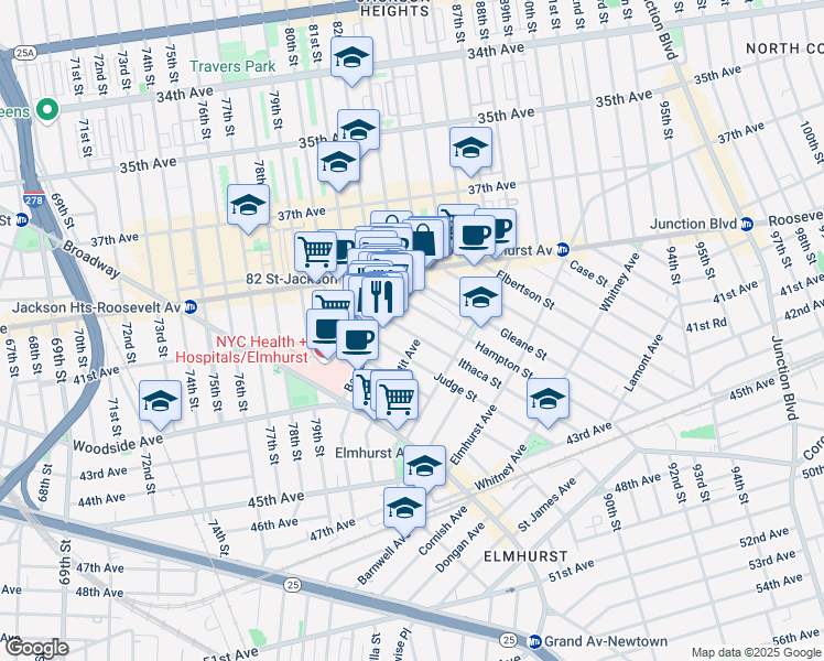map of restaurants, bars, coffee shops, grocery stores, and more near 40-30 Ithaca Street in Queens