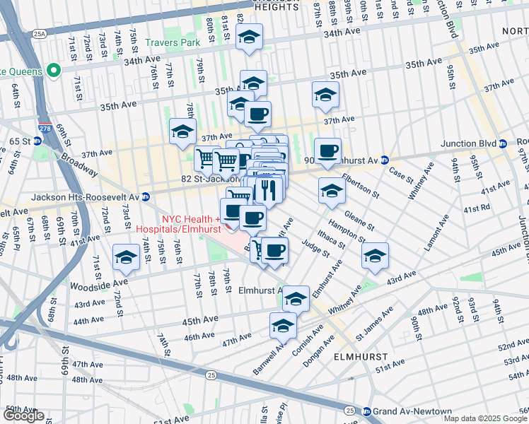map of restaurants, bars, coffee shops, grocery stores, and more near 81-23 41st Avenue in Queens