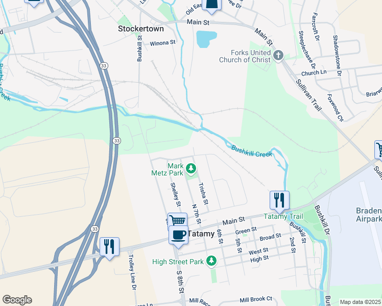 map of restaurants, bars, coffee shops, grocery stores, and more near 615 Chief Tatamy Street in Easton