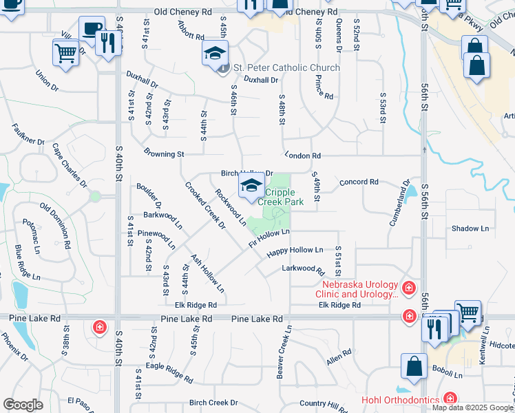 map of restaurants, bars, coffee shops, grocery stores, and more near 6720 Rockwood Lane in Lincoln