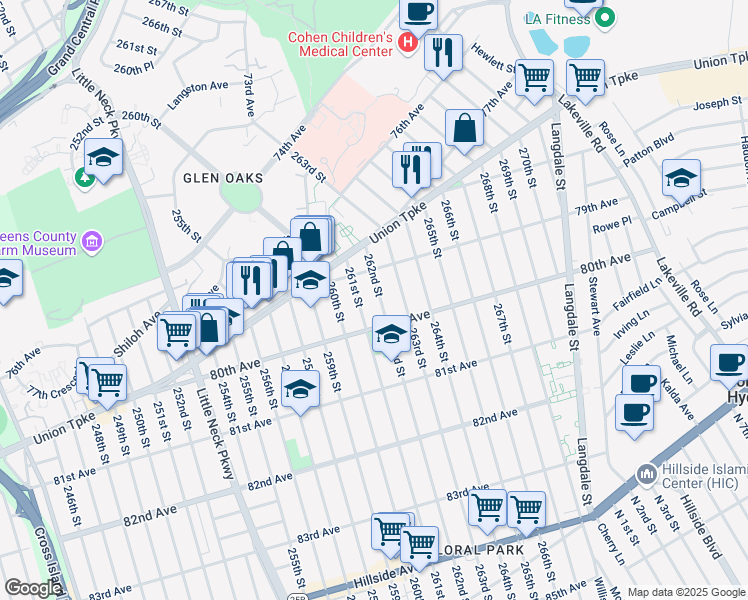 map of restaurants, bars, coffee shops, grocery stores, and more near 79-32 262nd Street in Queens