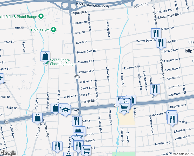 map of restaurants, bars, coffee shops, grocery stores, and more near 241 Ferndale Boulevard in Islip