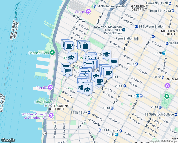 map of restaurants, bars, coffee shops, grocery stores, and more near 414 West 22nd Street in New York