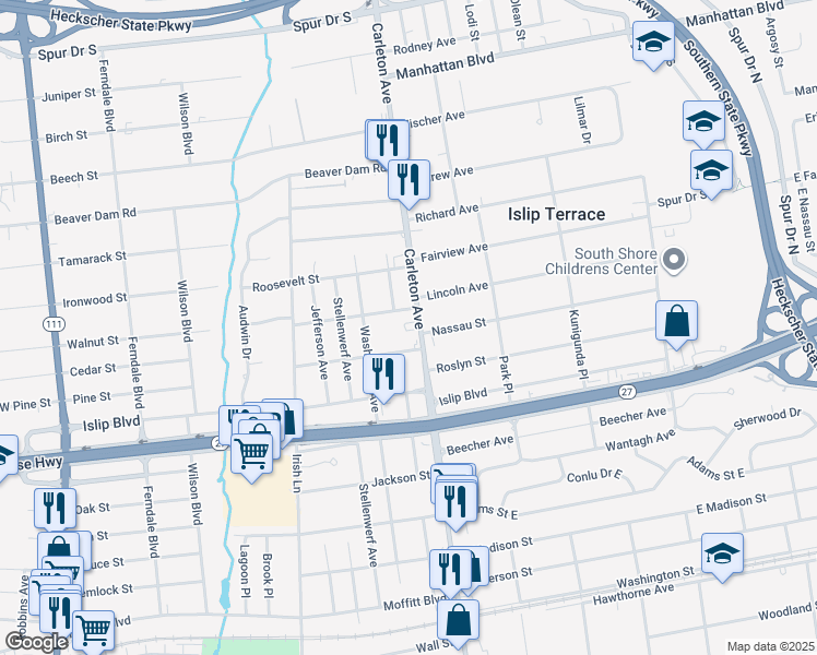 map of restaurants, bars, coffee shops, grocery stores, and more near 118 Carleton Avenue in Islip Terrace