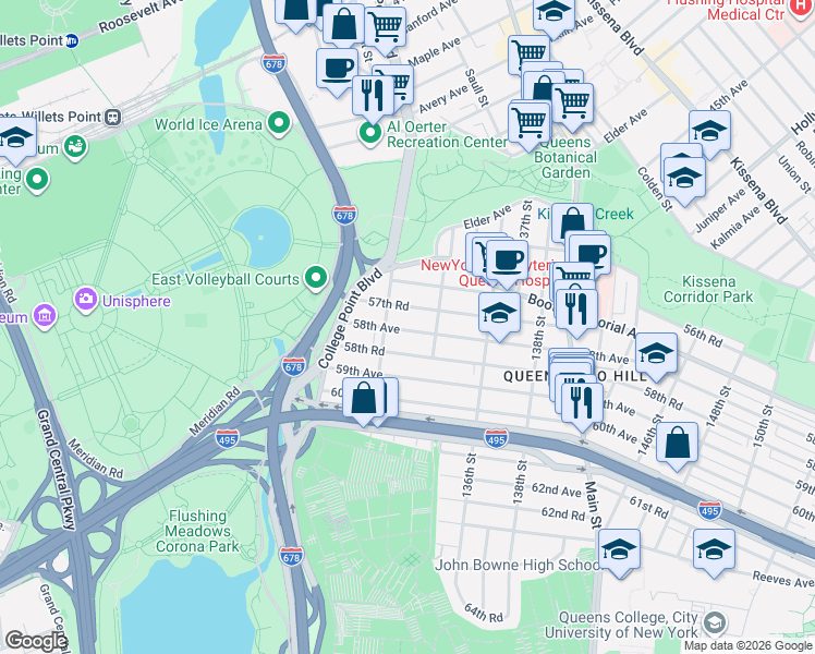 map of restaurants, bars, coffee shops, grocery stores, and more near 57-63 Lawrence Street in Queens