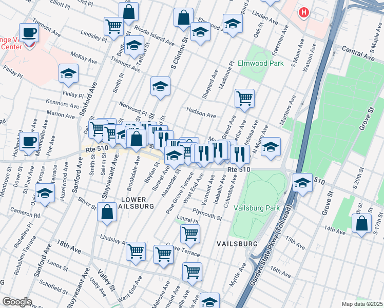 map of restaurants, bars, coffee shops, grocery stores, and more near 81 Hillcrest Terrace in East Orange