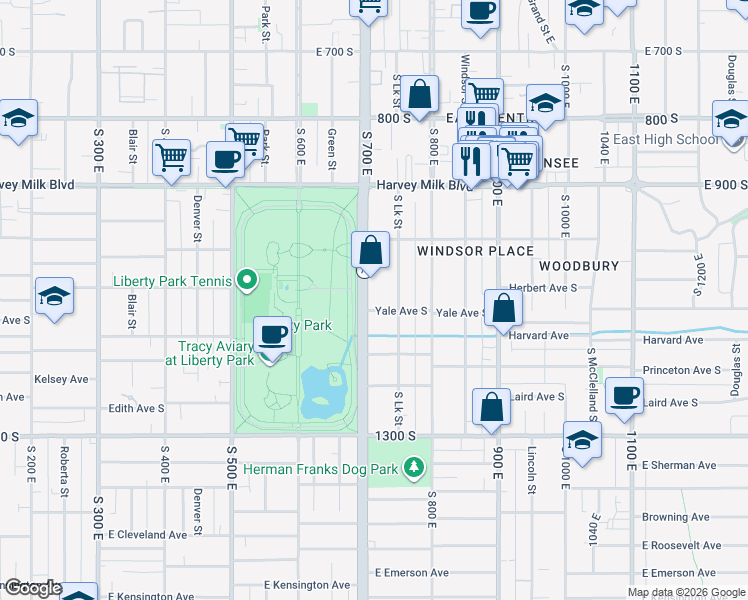 map of restaurants, bars, coffee shops, grocery stores, and more near 1055 South 700 East in Salt Lake City