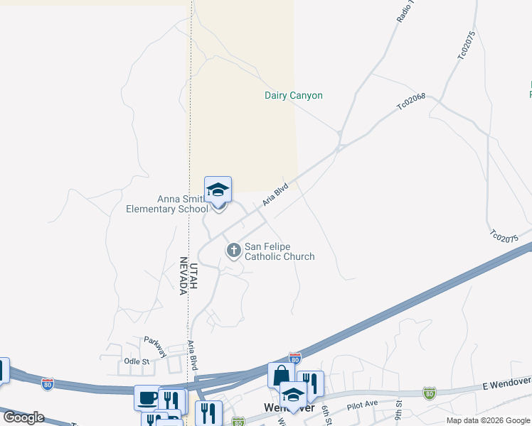 map of restaurants, bars, coffee shops, grocery stores, and more near 566 Vista Drive in Wendover