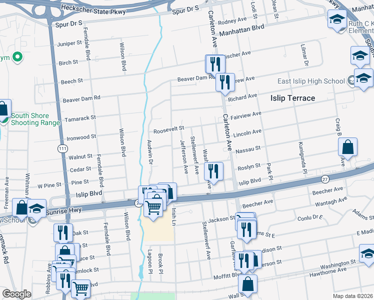 map of restaurants, bars, coffee shops, grocery stores, and more near 82 Stellenwerf Avenue in Islip Terrace