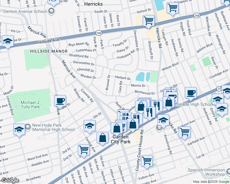 map of restaurants, bars, coffee shops, grocery stores, and more near 9 Cary Road in New Hyde Park