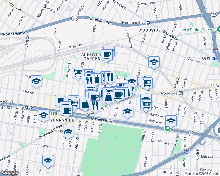 map of restaurants, bars, coffee shops, grocery stores, and more near 51-1 Skillman Avenue in Queens