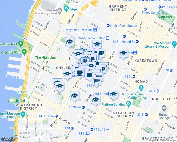 map of restaurants, bars, coffee shops, grocery stores, and more near 231 West 24th Street in New York