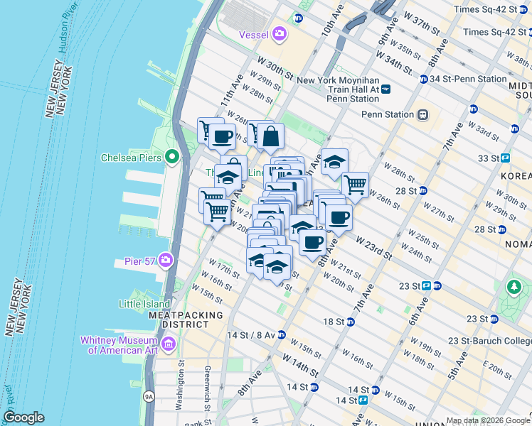 map of restaurants, bars, coffee shops, grocery stores, and more near 414 West 22nd Street in New York