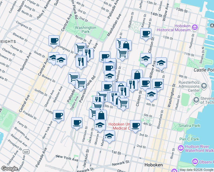 map of restaurants, bars, coffee shops, grocery stores, and more near 622 Monroe Street in Hoboken