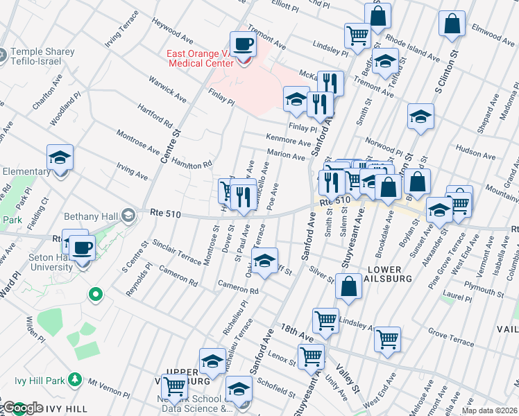 map of restaurants, bars, coffee shops, grocery stores, and more near 1111 South Orange Avenue in Newark