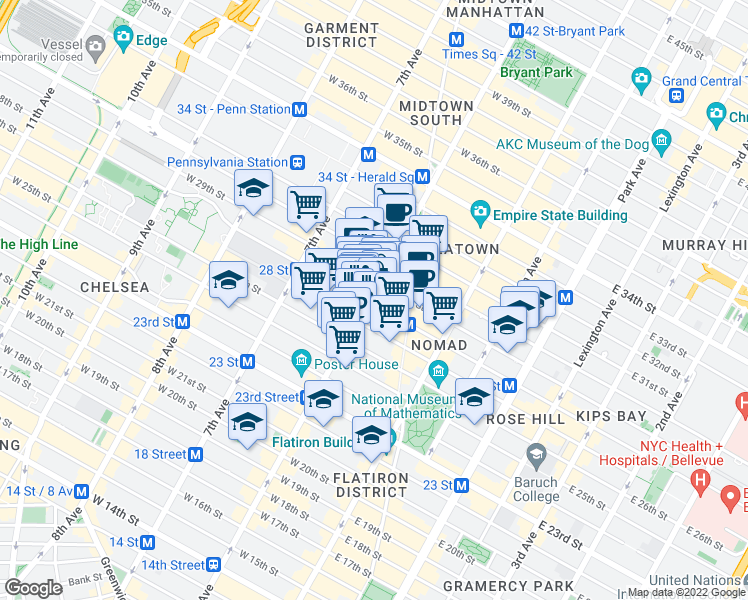 map of restaurants, bars, coffee shops, grocery stores, and more near 816 6th Avenue in New York