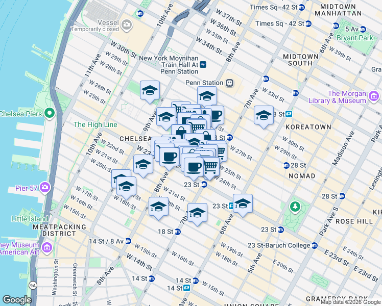map of restaurants, bars, coffee shops, grocery stores, and more near 262 West 25th Street in New York