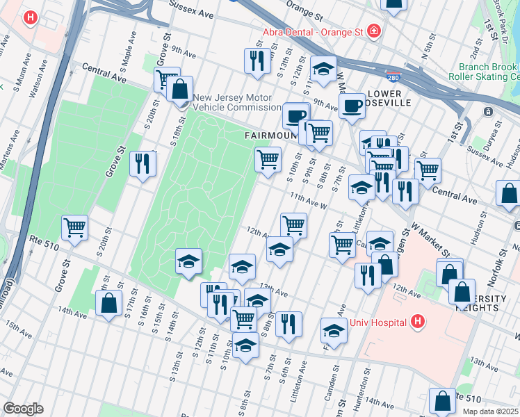 map of restaurants, bars, coffee shops, grocery stores, and more near 239 South 11th Street in Newark