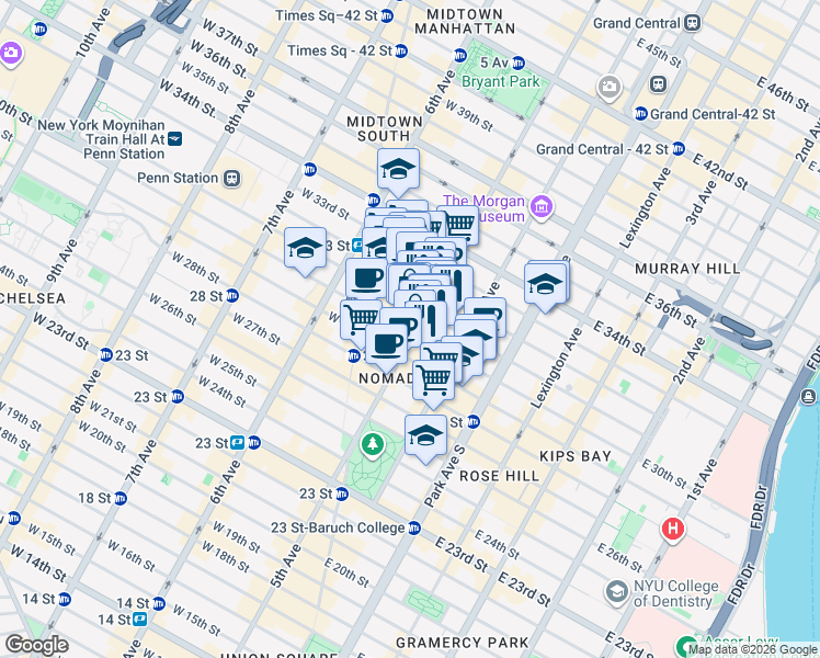 map of restaurants, bars, coffee shops, grocery stores, and more near 284 5th Avenue in New York