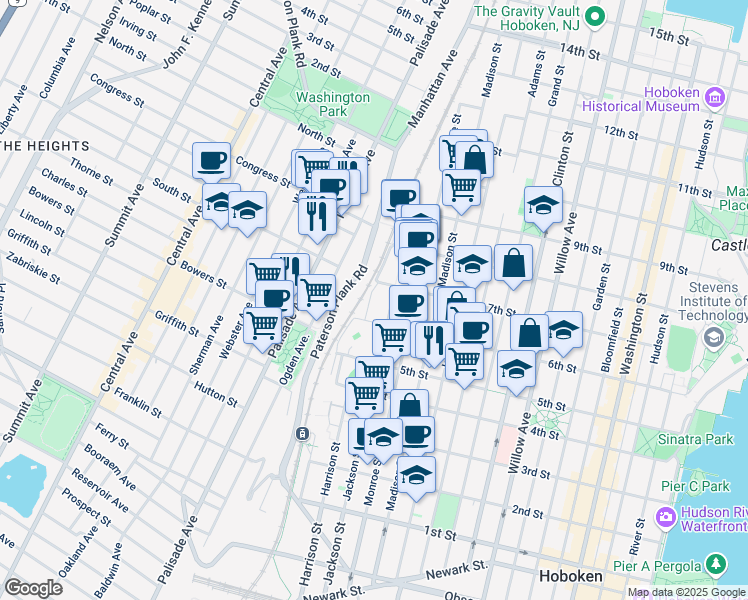 map of restaurants, bars, coffee shops, grocery stores, and more near 601 Harrison Street in Hoboken