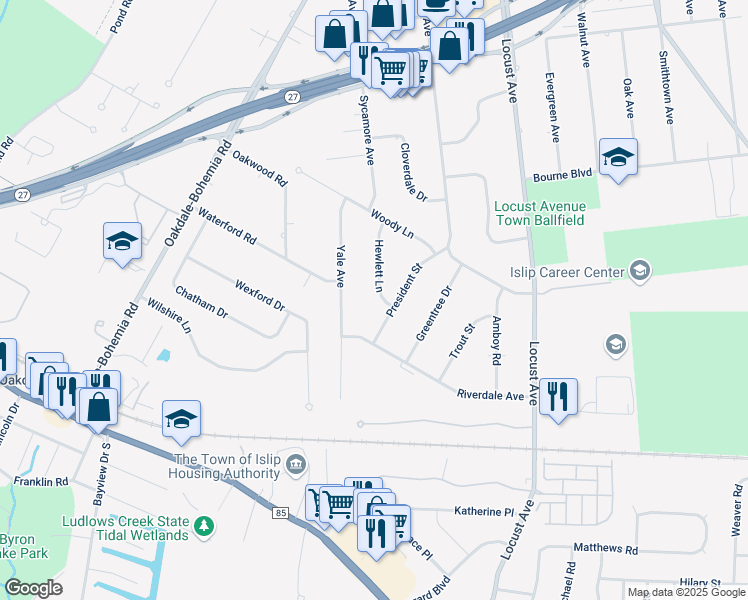 map of restaurants, bars, coffee shops, grocery stores, and more near 4 Hewlett Lane in Oakdale