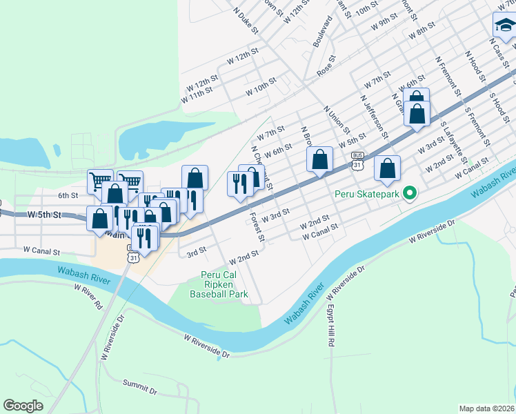 map of restaurants, bars, coffee shops, grocery stores, and more near 627 West Main Street in Peru