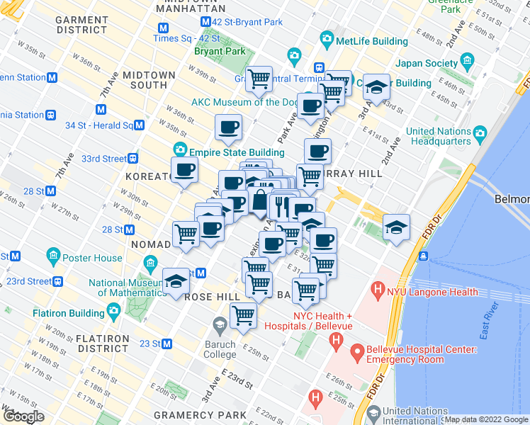 map of restaurants, bars, coffee shops, grocery stores, and more near in New York