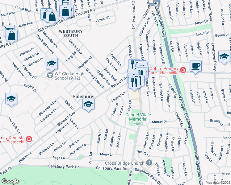 map of restaurants, bars, coffee shops, grocery stores, and more near 144 Land Lane in Westbury