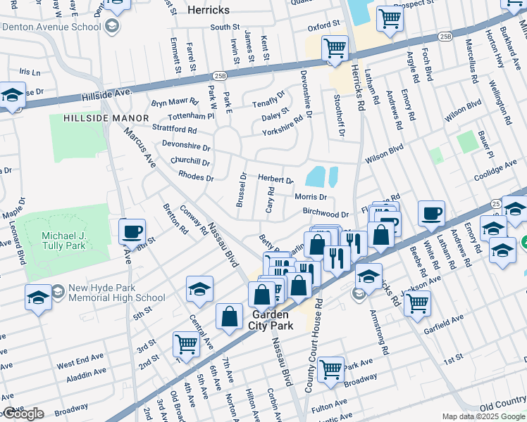 map of restaurants, bars, coffee shops, grocery stores, and more near 9 Cary Road in New Hyde Park