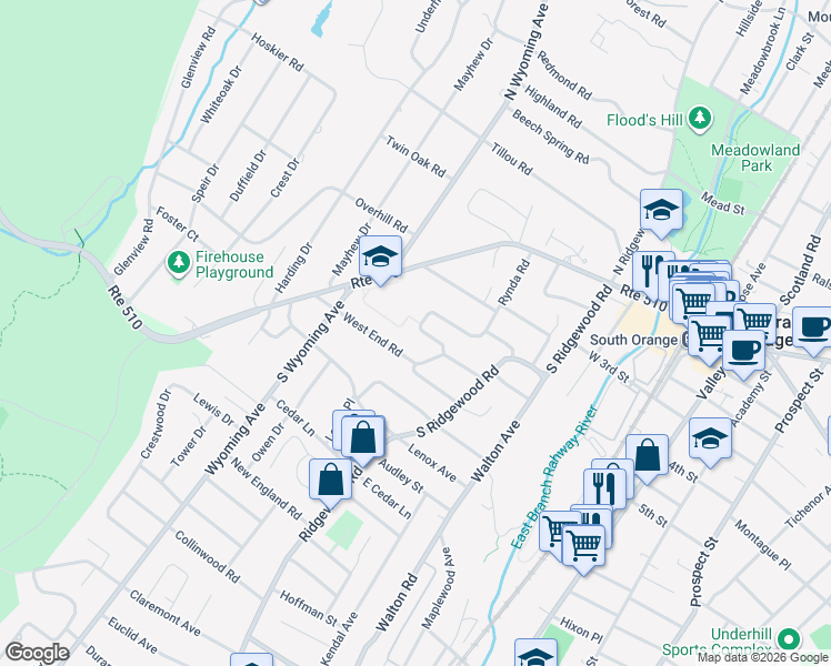 map of restaurants, bars, coffee shops, grocery stores, and more near 316 Western Drive North in South Orange