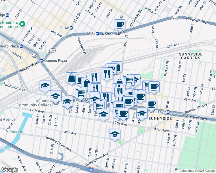 map of restaurants, bars, coffee shops, grocery stores, and more near 41-43 37th Street in Queens